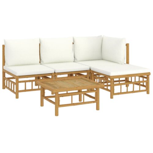 5-Piece Garden Lounge Set with Cream White Cushions Bamboo - Image 3