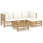 5-Piece Garden Lounge Set with Cream White Cushions Bamboo
