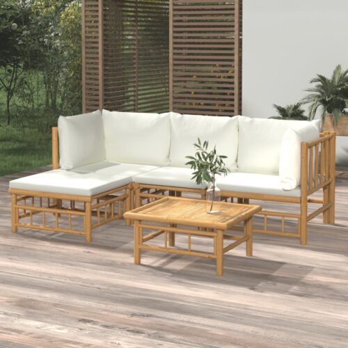 5-Piece Garden Lounge Set with Cream White Cushions Bamboo - Image 2