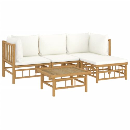 5-Piece Garden Lounge Set with Cream White Cushions Bamboo - Image 3