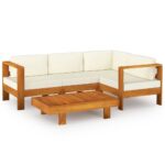5-Piece Garden Lounge Set with Cream White Cushions Acacia Wood