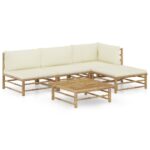 5-Piece Garden Lounge Set with Cream White Cushions Bamboo