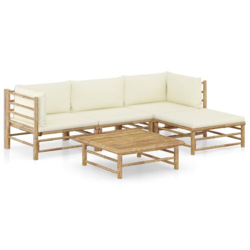 5-Piece Garden Lounge Set with Cream White Cushions Bamboo - Image 2