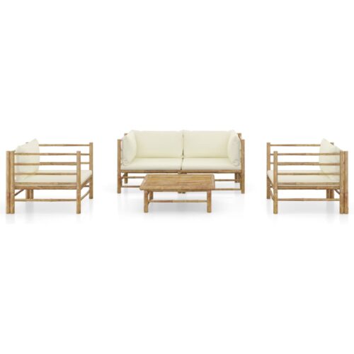 5-Piece Garden Lounge Set with Cream White Cushions Bamboo