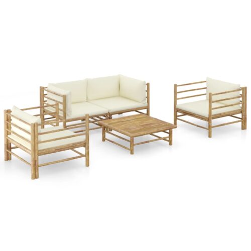 5-Piece Garden Lounge Set with Cream White Cushions Bamboo - Image 2