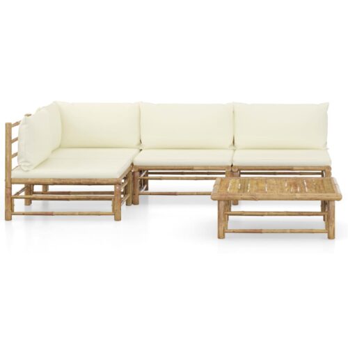 5-Piece Garden Lounge Set with Cream White Cushions Bamboo - Image 3