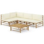 5-Piece Garden Lounge Set with Cream White Cushions Bamboo