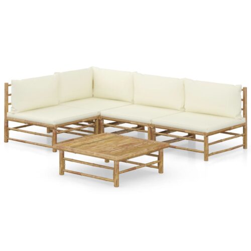 5-Piece Garden Lounge Set with Cream White Cushions Bamboo