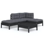 5-Piece Garden Lounge Set with Cushions Black Pine Wood Outdoor Patio Furniture