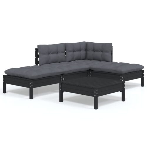5-Piece Garden Lounge Set with Cushions Black Pine Wood Outdoor Patio Furniture