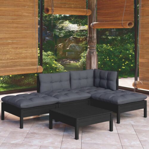 5-Piece Garden Lounge Set with Cushions Black Pine Wood Outdoor Patio Furniture - Image 2