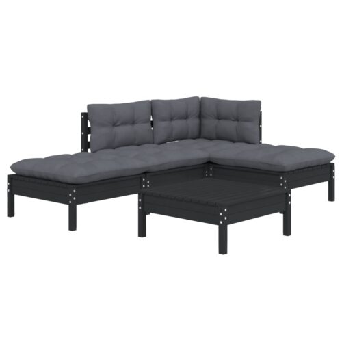 5-Piece Garden Lounge Set with Cushions Black Pine Wood Outdoor Patio Furniture - Image 3