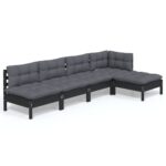 5-Piece Garden Lounge Set with Cushions Black Pine Wood Outdoor Patio Furniture