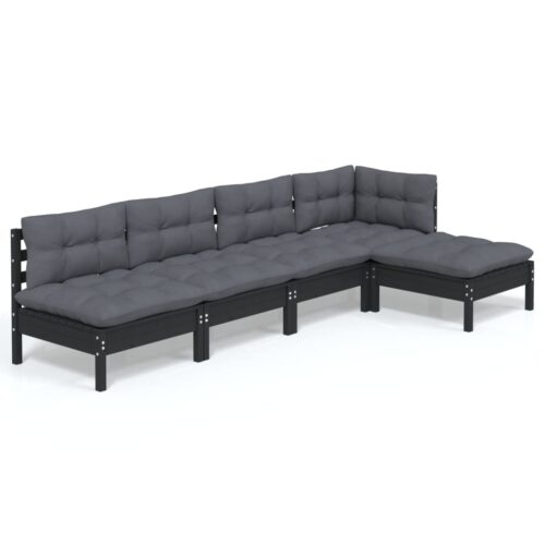 5-Piece Garden Lounge Set with Cushions Black Pine Wood Outdoor Patio Furniture