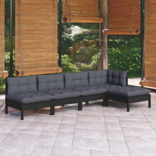 5-Piece Garden Lounge Set with Cushions Black Pine Wood Outdoor Patio Furniture - Image 2