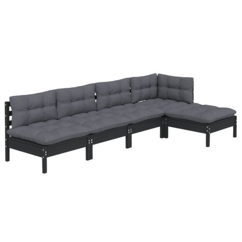 5-Piece Garden Lounge Set with Cushions Black Pine Wood Outdoor Patio Furniture - Image 3