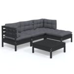 5-Piece Garden Lounge Set with Cushions Black Pine Wood Outdoor Patio Furniture