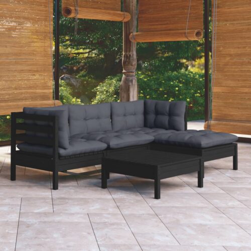 5-Piece Garden Lounge Set with Cushions Black Pine Wood Outdoor Patio Furniture - Image 2