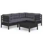 5-Piece Garden Lounge Set with Cushions Black Pine Wood Outdoor Patio Furniture