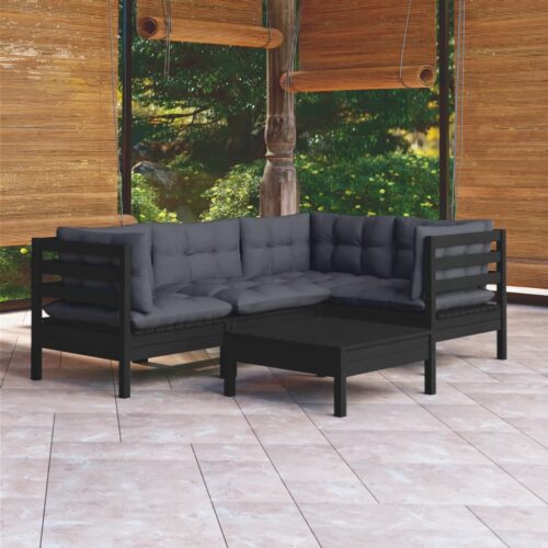 5-Piece Garden Lounge Set with Cushions Black Pine Wood Outdoor Patio Furniture - Image 2