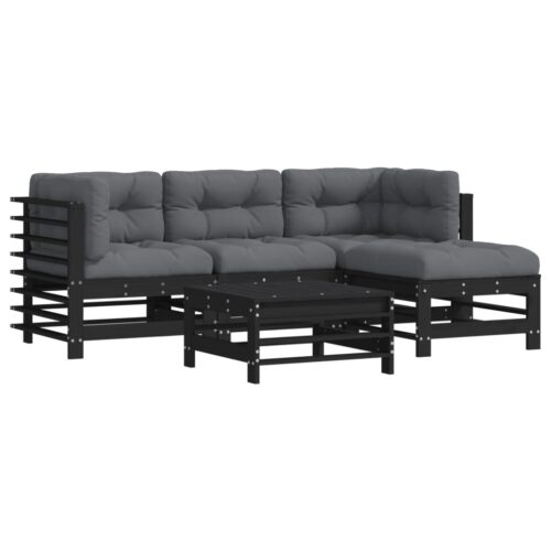 5-Piece Garden Lounge Set with Cushions Black Wood Timber Outdoor Patio Furniture