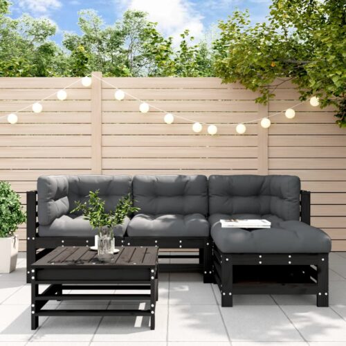 5-Piece Garden Lounge Set with Cushions Black Wood Timber Outdoor Patio Furniture - Image 2