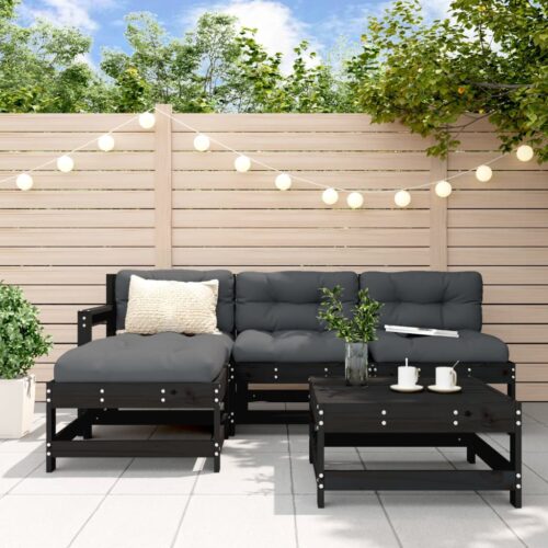 5-Piece Garden Lounge Set with Cushions Black Wood Timber Outdoor Patio Furniture - Image 2