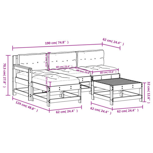 5-Piece Garden Lounge Set with Cushions Black Wood Timber Outdoor Patio Furniture - Image 9