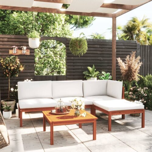 5-Piece Garden Lounge Set with Cushions Cream Acacia Wood Timber Outdoor Patio Furniture - Image 2