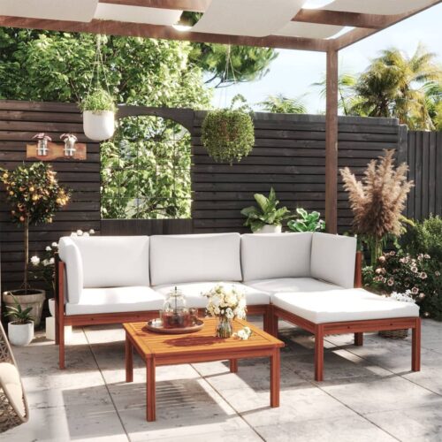 5-Piece Garden Lounge Set with Cushions Cream Acacia Wood Timber Outdoor Patio Furniture - Image 2
