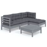 5-Piece Garden Lounge Set with Cushions Grey Pine Wood Outdoor Patio Furniture