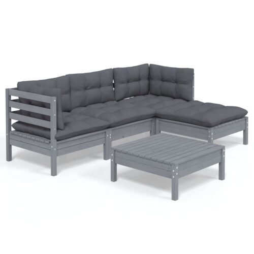 5-Piece Garden Lounge Set with Cushions Grey Pine Wood Outdoor Patio Furniture