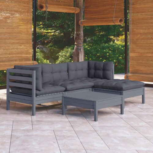 5-Piece Garden Lounge Set with Cushions Grey Pine Wood Outdoor Patio Furniture - Image 2