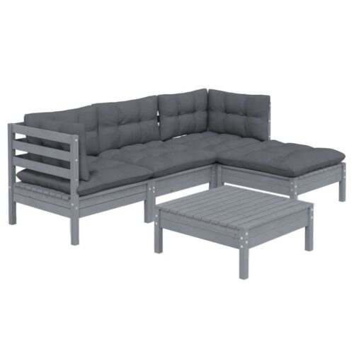 5-Piece Garden Lounge Set with Cushions Grey Pine Wood Outdoor Patio Furniture - Image 3