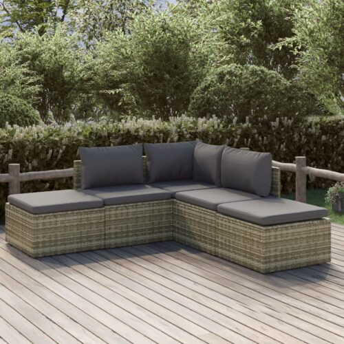 5-Piece Garden Lounge Set with Cushions Grey Poly Rattan Wicker Outdoor Patio Furniture - Image 2
