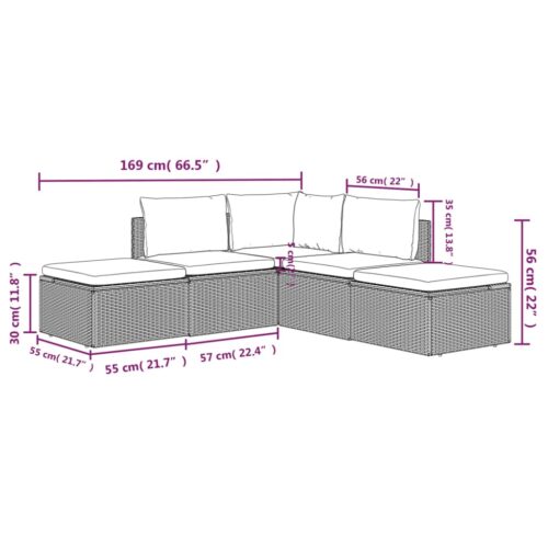 5-Piece Garden Lounge Set with Cushions Grey Poly Rattan Wicker Outdoor Patio Furniture - Image 10