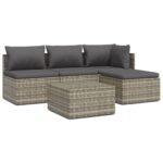 5-Piece Garden Lounge Set with Cushions Grey Poly Rattan Wicker Outdoor Patio Furniture