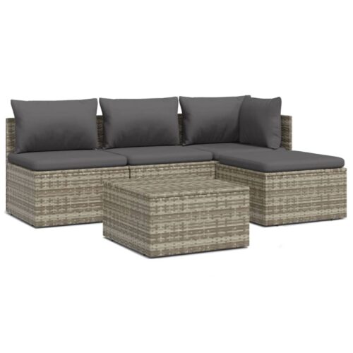 5-Piece Garden Lounge Set with Cushions Grey Poly Rattan Wicker Outdoor Patio Furniture
