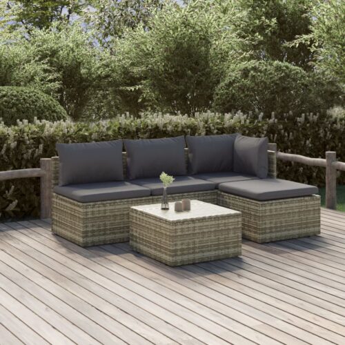 5-Piece Garden Lounge Set with Cushions Grey Poly Rattan Wicker Outdoor Patio Furniture - Image 2
