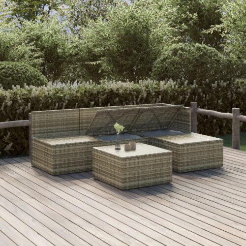 5-Piece Garden Lounge Set with Cushions Grey Poly Rattan Wicker Outdoor Patio Furniture - Image 3