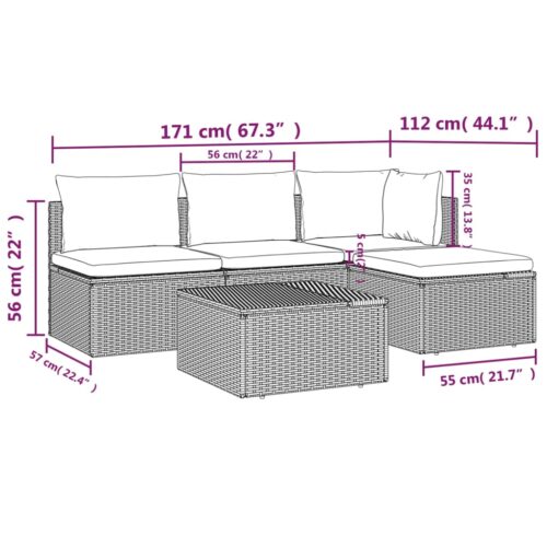 5-Piece Garden Lounge Set with Cushions Grey Poly Rattan Wicker Outdoor Patio Furniture - Image 10