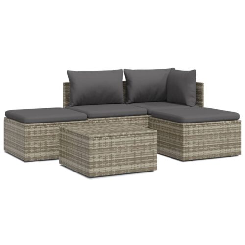 5-Piece Garden Lounge Set with Cushions Grey Poly Rattan Wicker Outdoor Patio Furniture