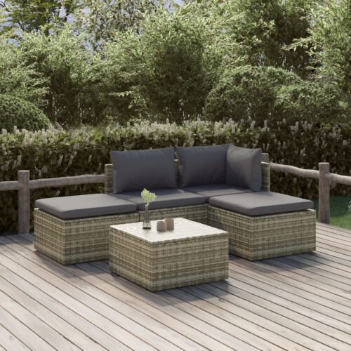 5-Piece Garden Lounge Set with Cushions Grey Poly Rattan Wicker Outdoor Patio Furniture - Image 2