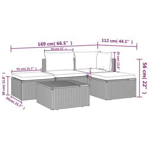 5-Piece Garden Lounge Set with Cushions Grey Poly Rattan Wicker Outdoor Patio Furniture - Image 10