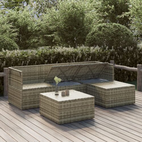 5-Piece Garden Lounge Set with Cushions Grey Poly Rattan Wicker Outdoor Patio Furniture - Image 3