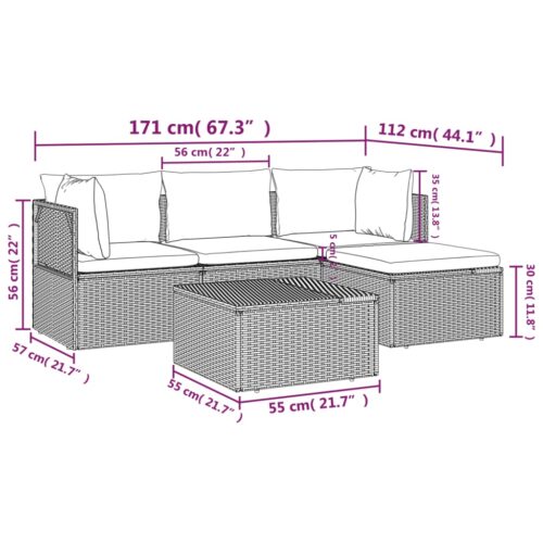 5-Piece Garden Lounge Set with Cushions Grey Poly Rattan Wicker Outdoor Patio Furniture - Image 11