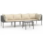 5-Piece Garden Lounge Set with Cushions Grey Poly Rattan Wicker Outdoor Patio Furniture