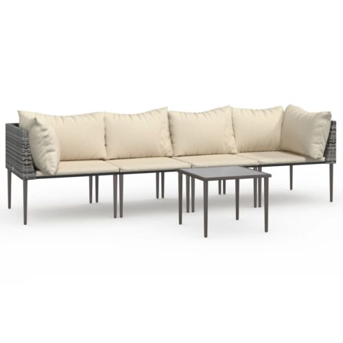 5-Piece Garden Lounge Set with Cushions Grey Poly Rattan Wicker Outdoor Patio Furniture
