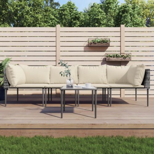5-Piece Garden Lounge Set with Cushions Grey Poly Rattan Wicker Outdoor Patio Furniture - Image 2