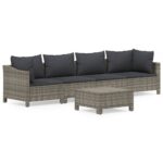 5-Piece Garden Lounge Set with Cushions Grey Poly Rattan Wicker Outdoor Patio Furniture